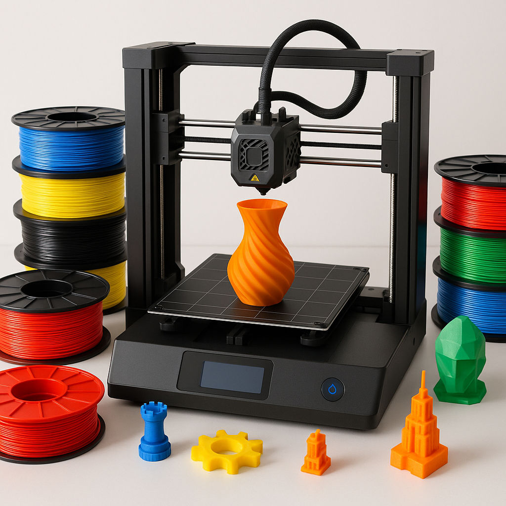 3D printer with filament spools and printed parts on workbench