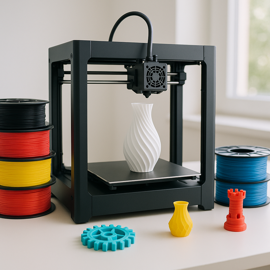 3D printer with colorful filament spools and printed models