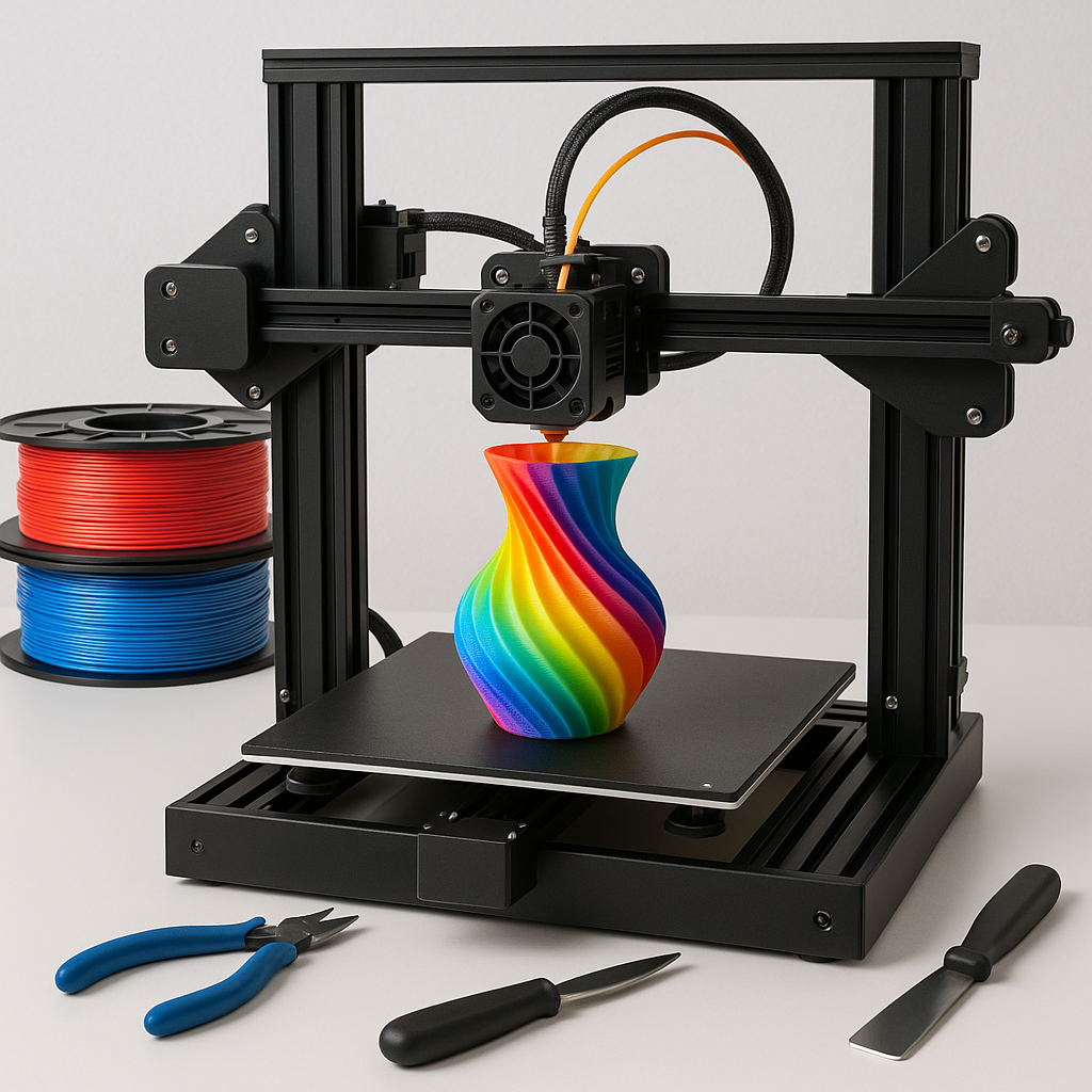3D printer with colorful filament and tools on a desk