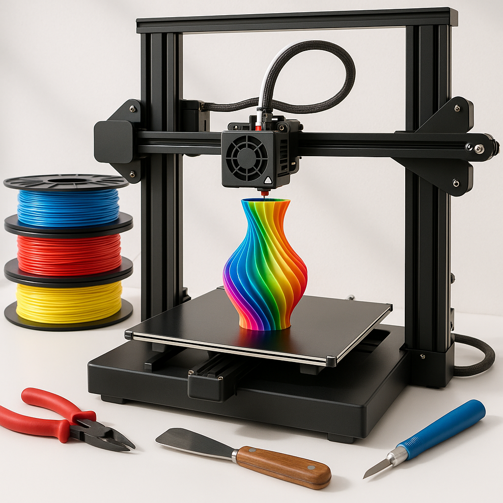 3D printer with filament spools and tools on a desk