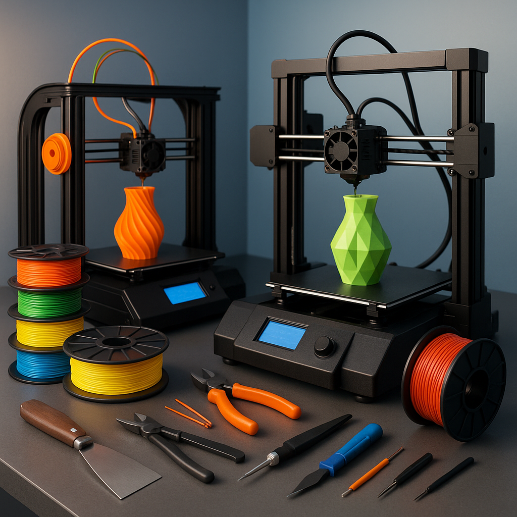 Collage of 3D printers, filament spools, and 3D printing tools