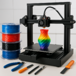 3D printer in action with filament spools and tools on workbench