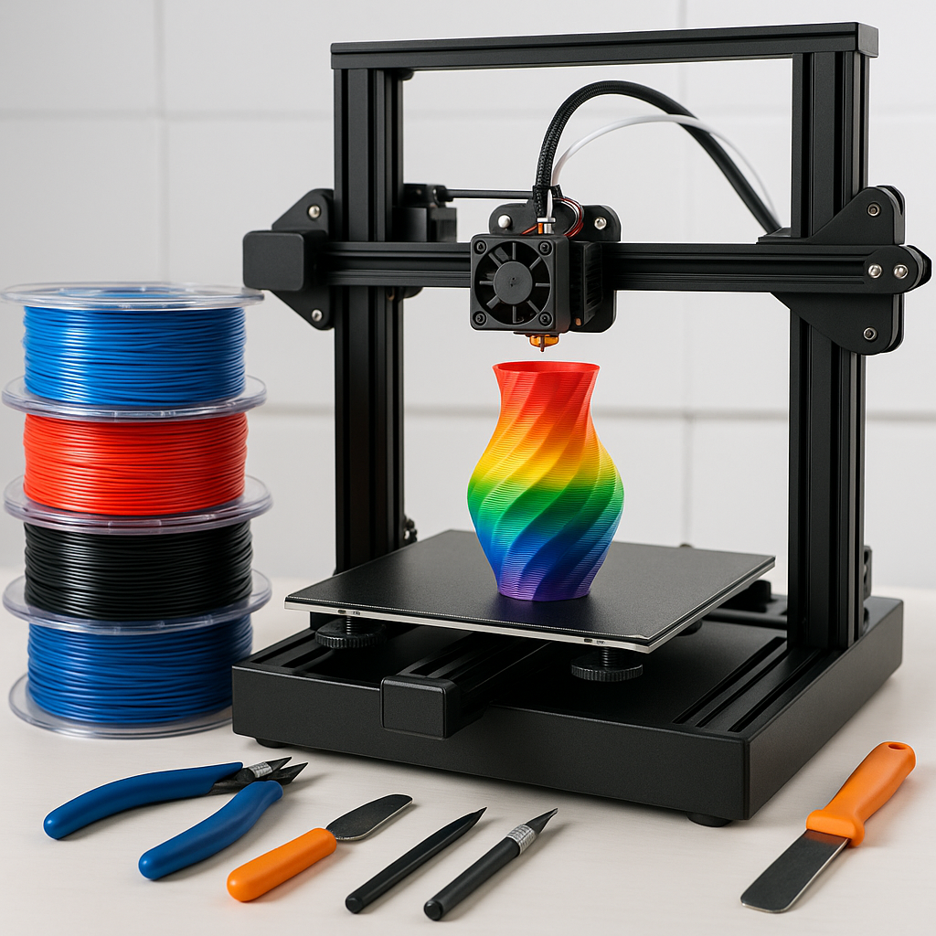 3D printer in action with filament spools and tools on workbench