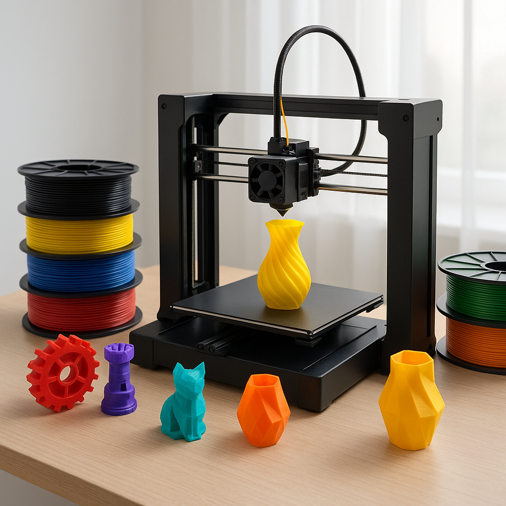 3D printer with filament spools and 3D printed models on desk
