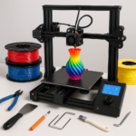 3D printer with filament spools and 3D printing tools on a workspace