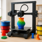 3D printer with colorful filament and printed parts in a workshop