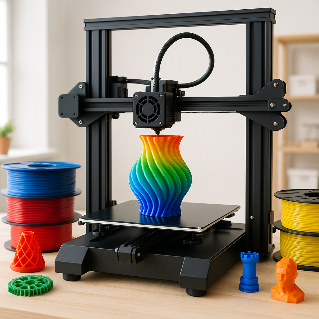 3D printer with colorful filament and printed parts in a workshop