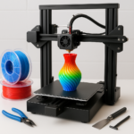 3D printer with colorful filament and 3D printing accessories on a desk