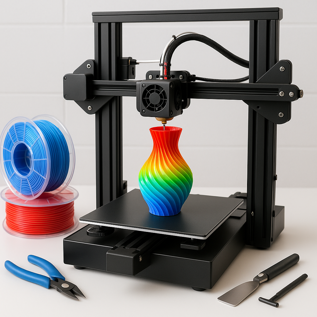 3D printer with colorful filament and 3D printing accessories on a desk