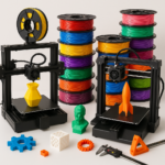 Collage of 3D printers, filaments, and accessories