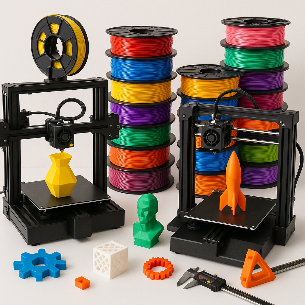Collage of 3D printers, filaments, and accessories