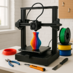 3D printer with filament spools and tools on workbench