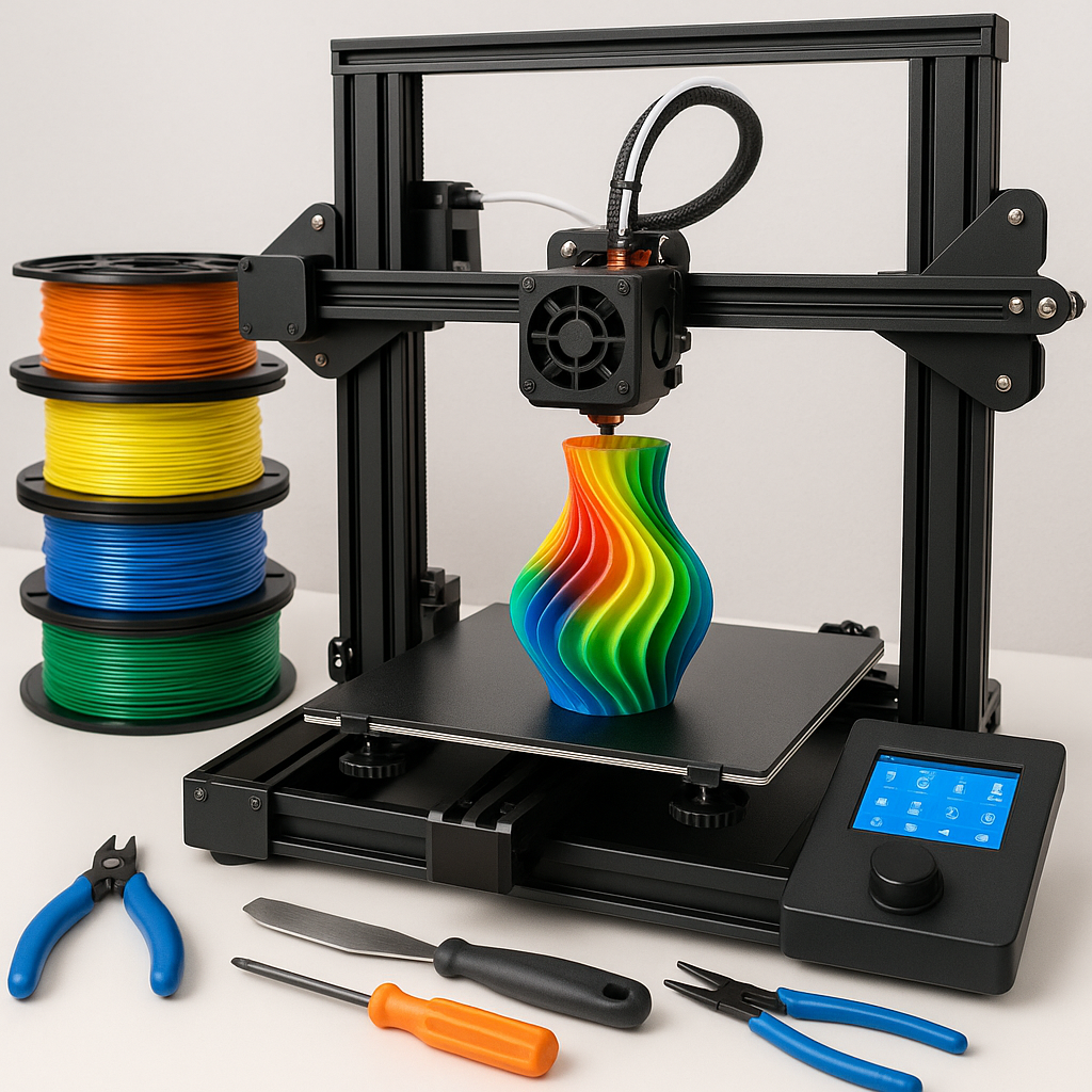 3D printer with colorful filament spools and 3D printing tools on a workbench