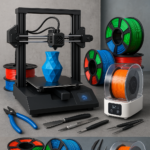 Collage of 3D printer, filament spools, tools, and filament dryer