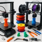 Collage of 3D printers, filaments, and 3D printing accessories