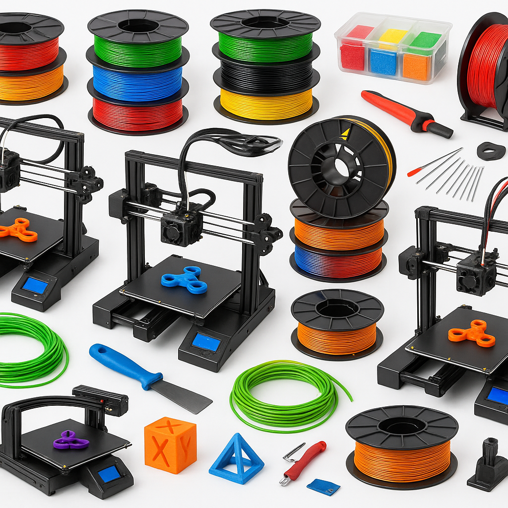 Collage of 3D printers, filaments, and accessories for 3D printing deals