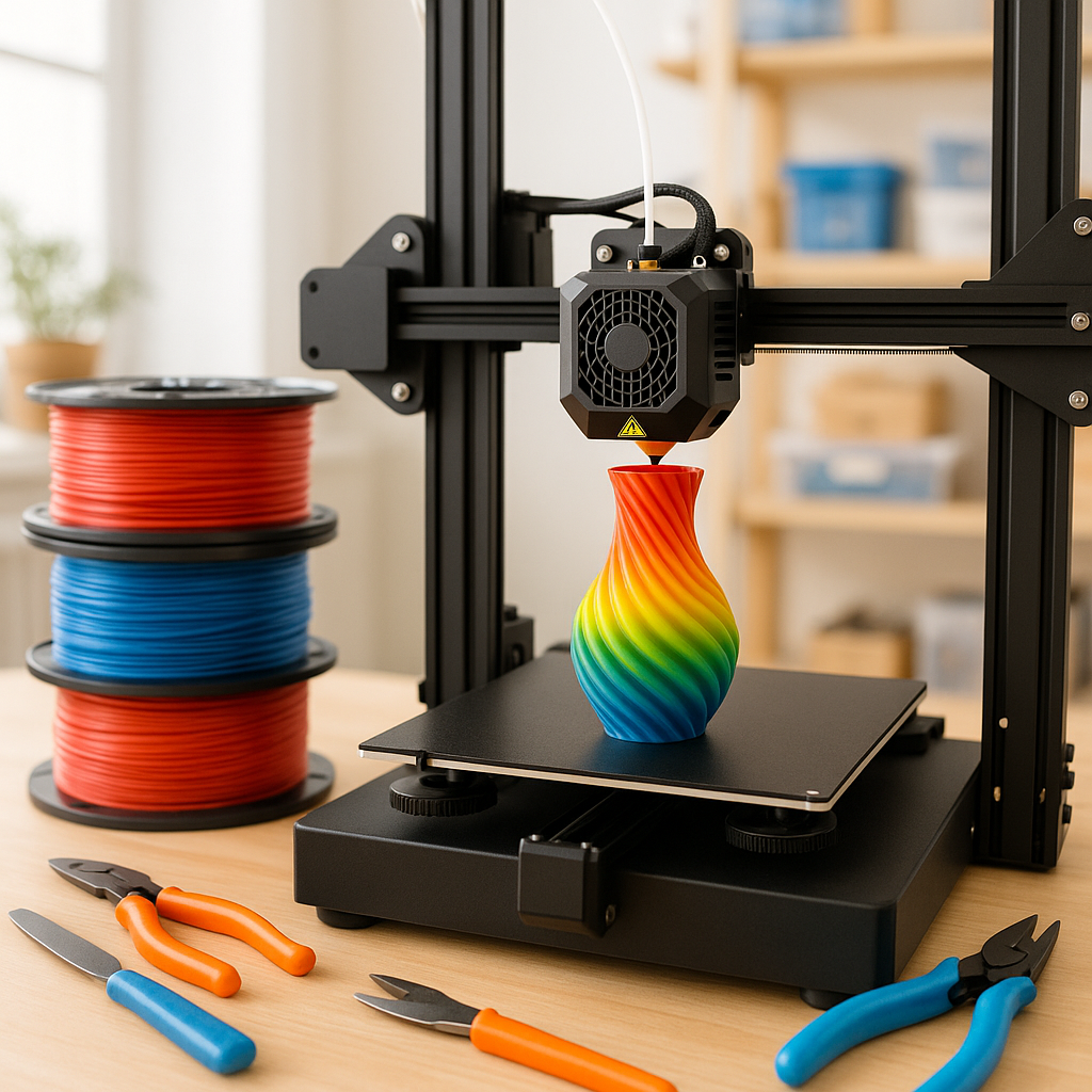 3D printer printing with colorful filament and tools on a workbench