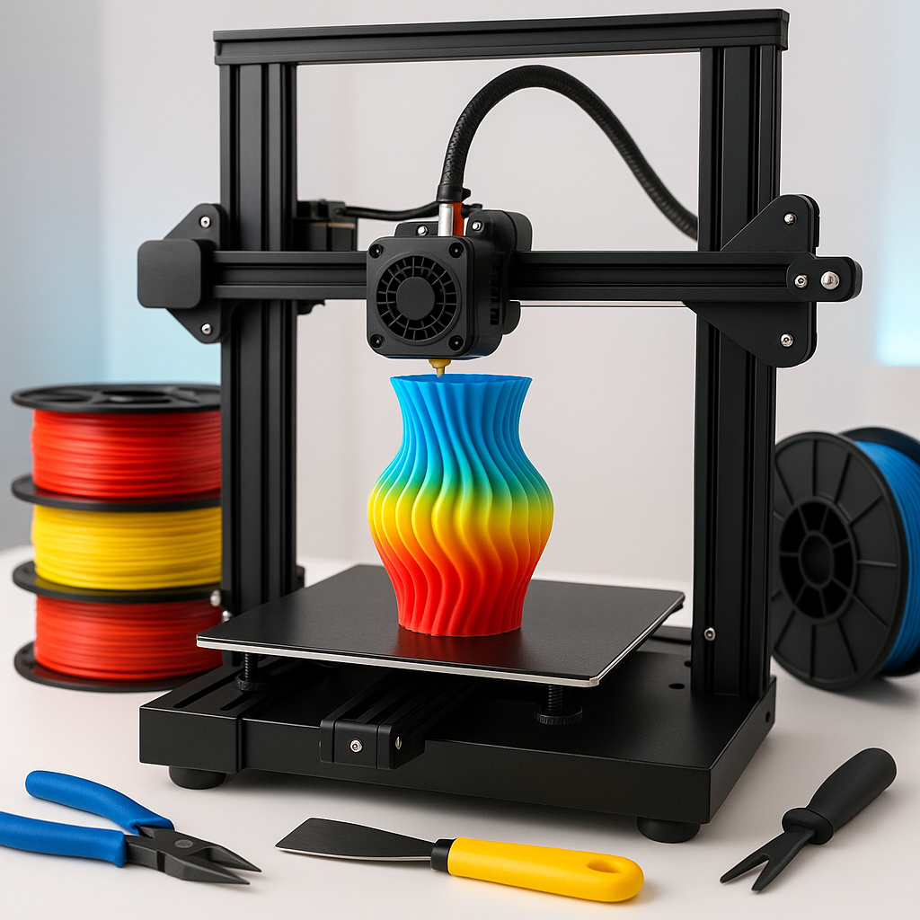 3D printer with colorful filament spools and 3D printing tools