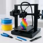 3D printer with colorful filament spools and tools on a desk