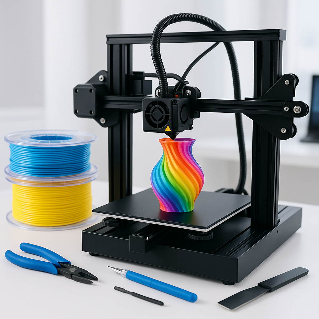3D printer with colorful filament spools and tools on a desk