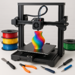 3D printer printing colorful object with filaments and tools on workbench