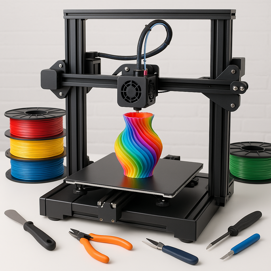 3D printer printing colorful object with filaments and tools on workbench