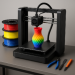 3D printer with colorful filament and accessories on desk