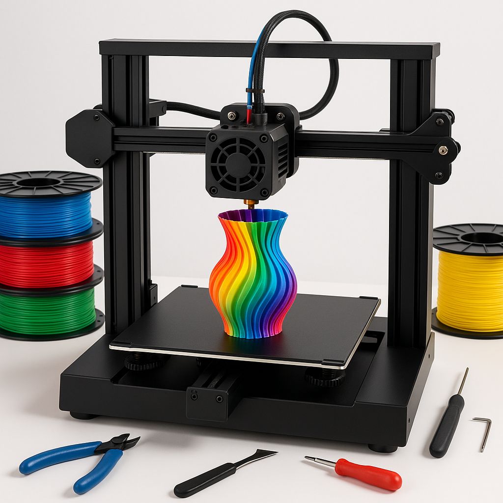 3D printer printing colorful object with filaments and tools on desk