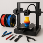 3D printer printing with filament spools and tools on workspace