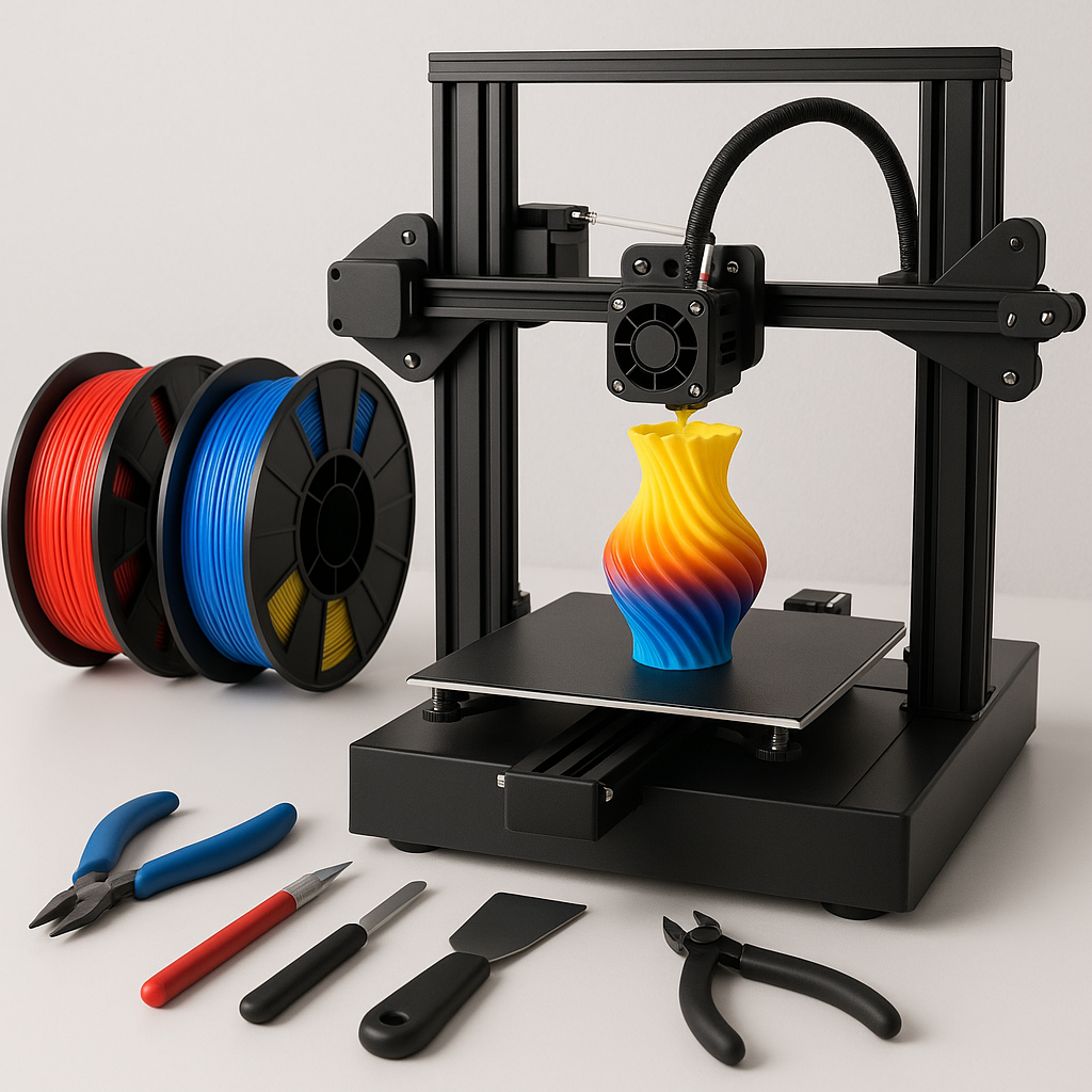 3D printer printing with filament spools and tools on workspace