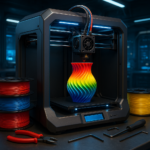 3D printer with filament spools and tools in a workshop