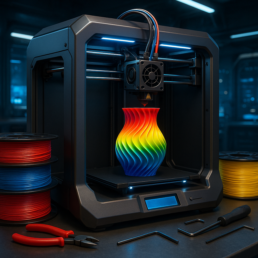 3D printer with filament spools and tools in a workshop