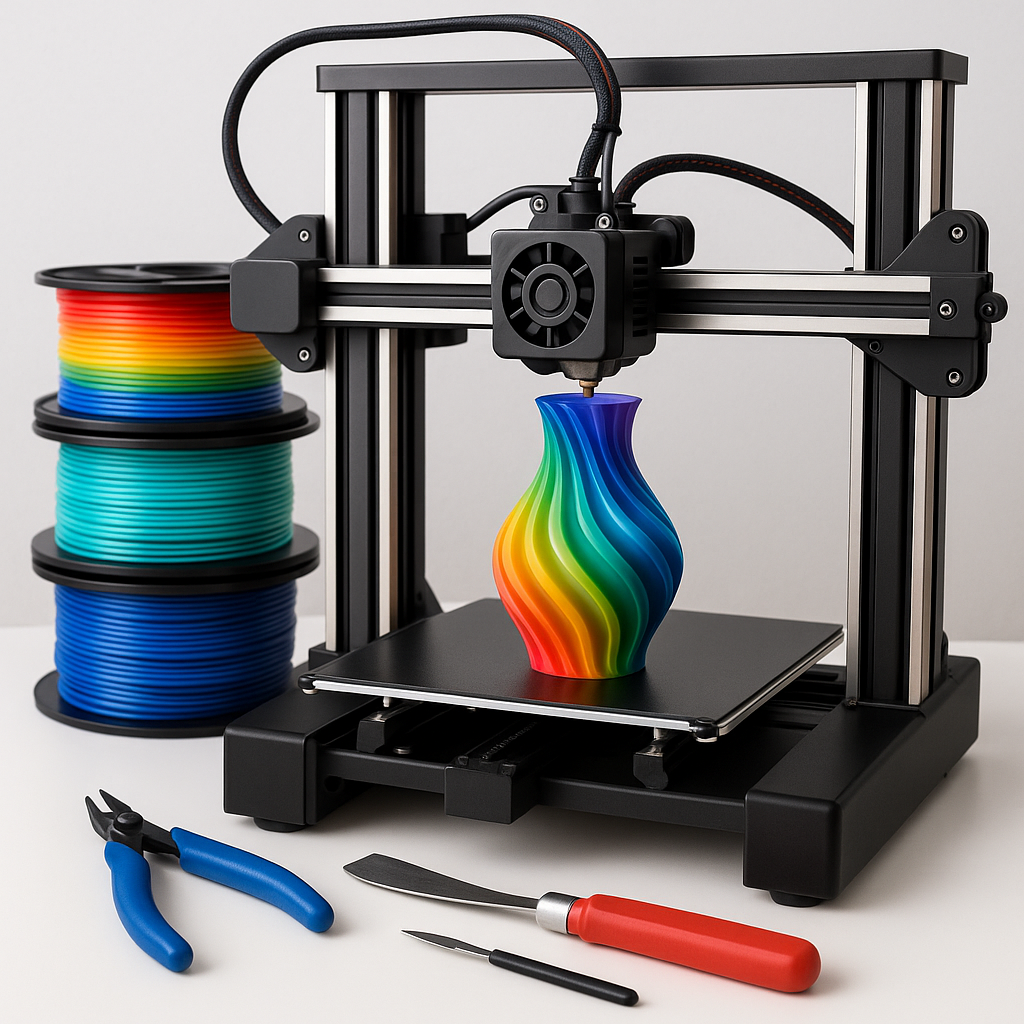 3D printer in action with filament spools and tools on desk