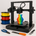 3D printer with filament spools and tools on workspace