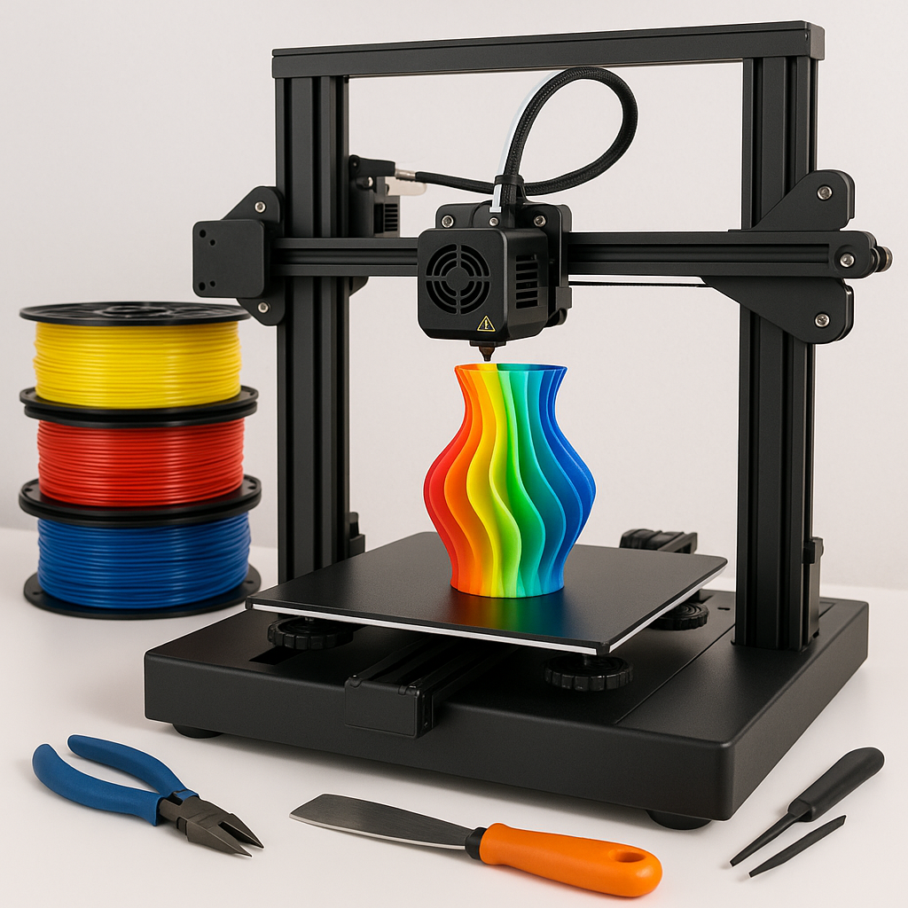 3D printer with filament spools and tools on workspace