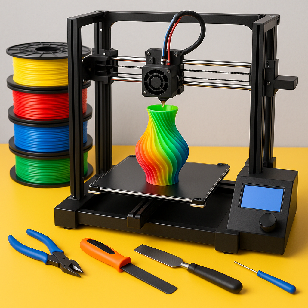 3D printer with filament spools and tools on workbench
