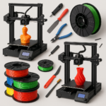 Collage of 3D printers, filament spools, and 3D printing tools