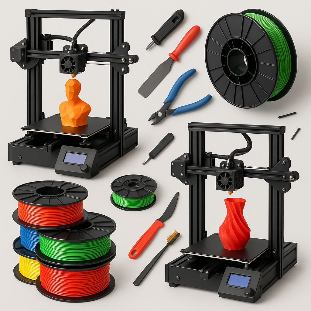 Collage of 3D printers, filament spools, and 3D printing tools