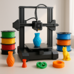 3D printer with filament spools and printed models on workspace