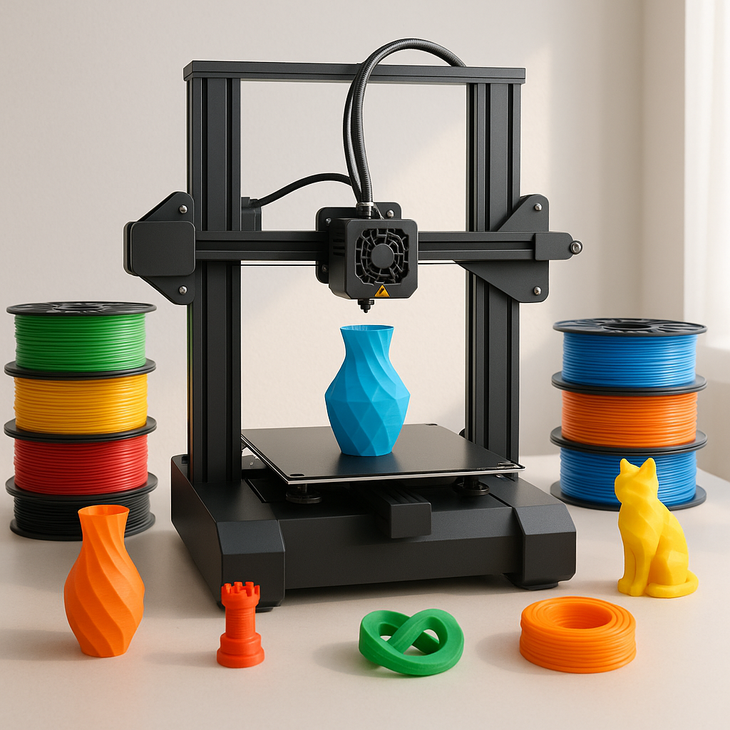 3D printer with filament spools and printed models on workspace