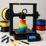 3D printer with colorful filament and 3D printing tools on a workspace