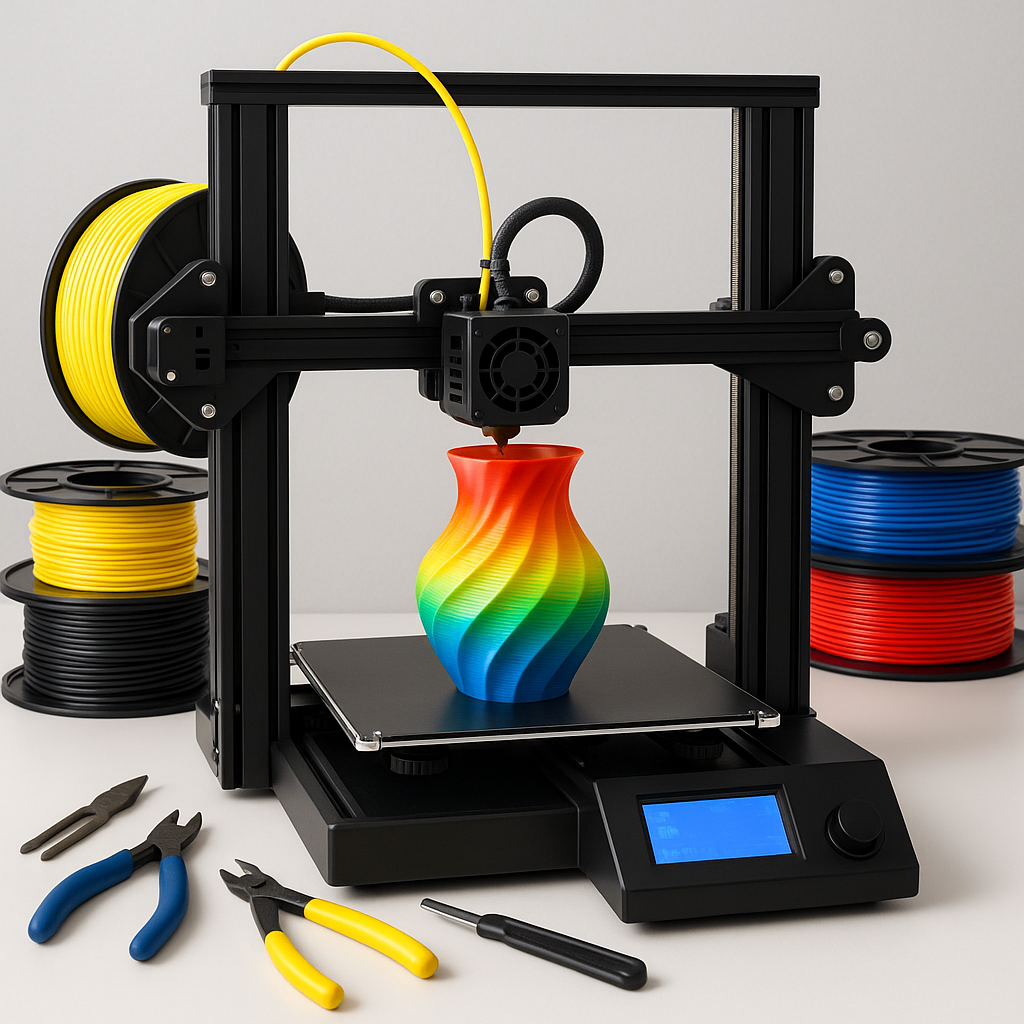 3D printer with colorful filament and 3D printing tools on a workspace