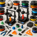 Collage of 3D printers, filament spools, and accessories