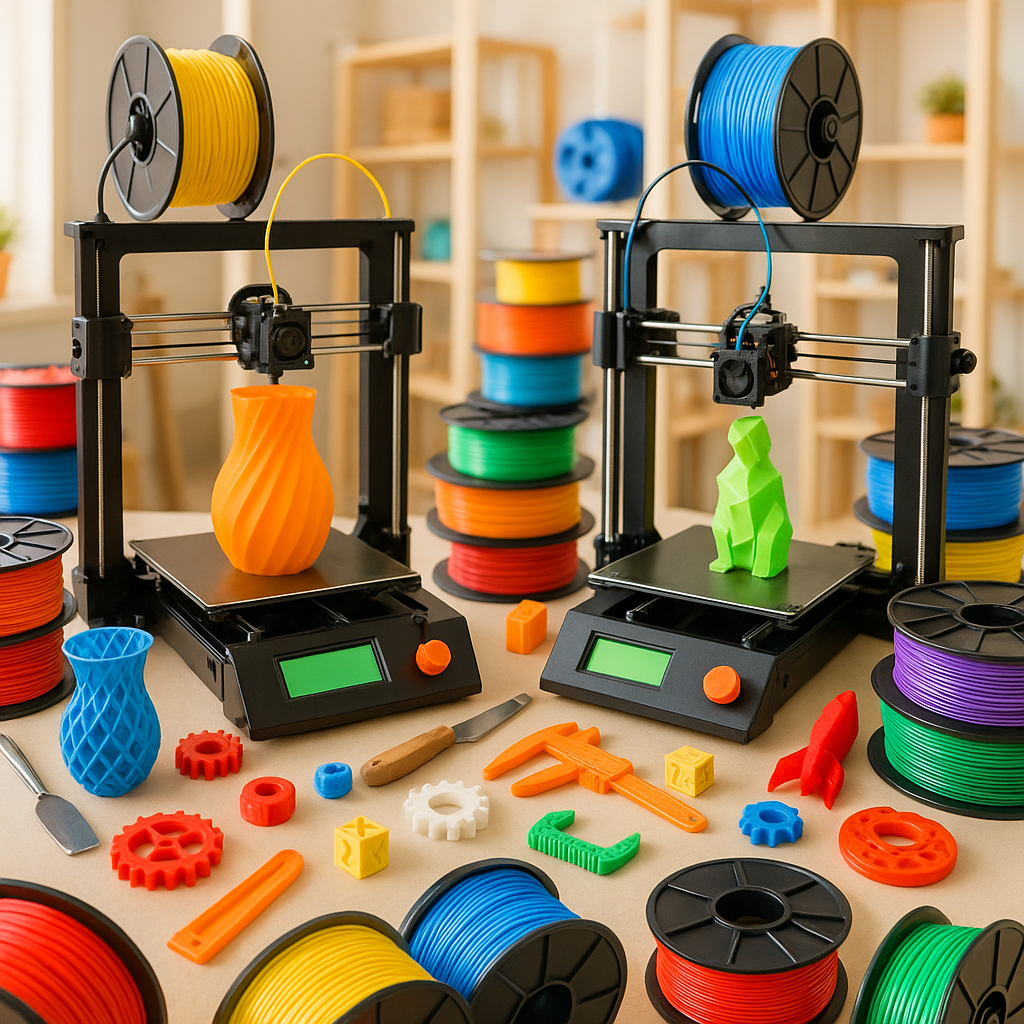 Collage of 3D printers, filaments, and accessories for 3D printing deals