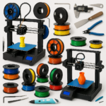 Collage of 3D printers, filaments, and 3D printing accessories