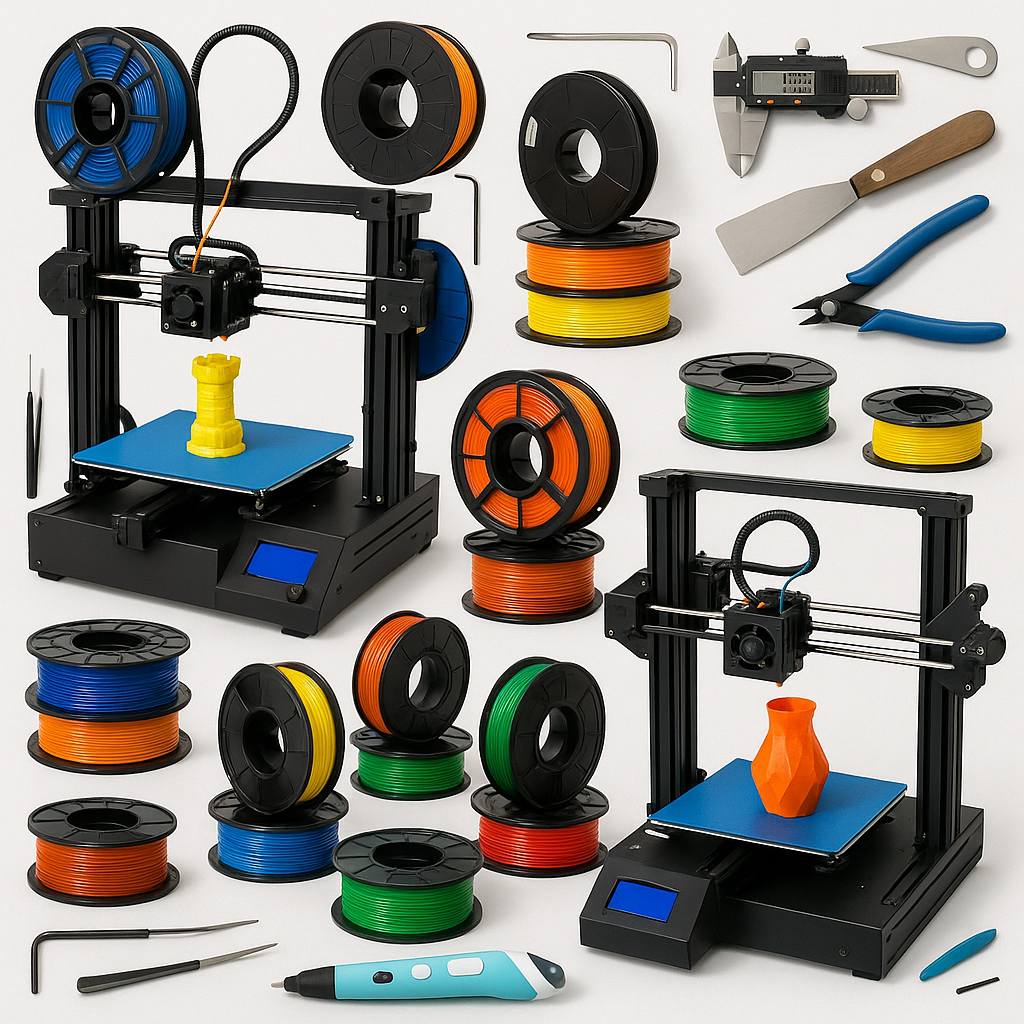 Collage of 3D printers, filaments, and 3D printing accessories