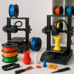 3D printer, filament spools, and 3D printing accessories collage