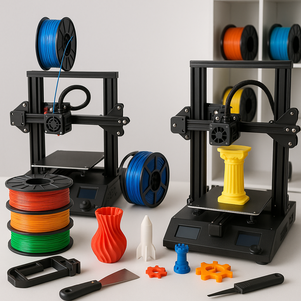 3D printer, filament spools, and 3D printing accessories collage
