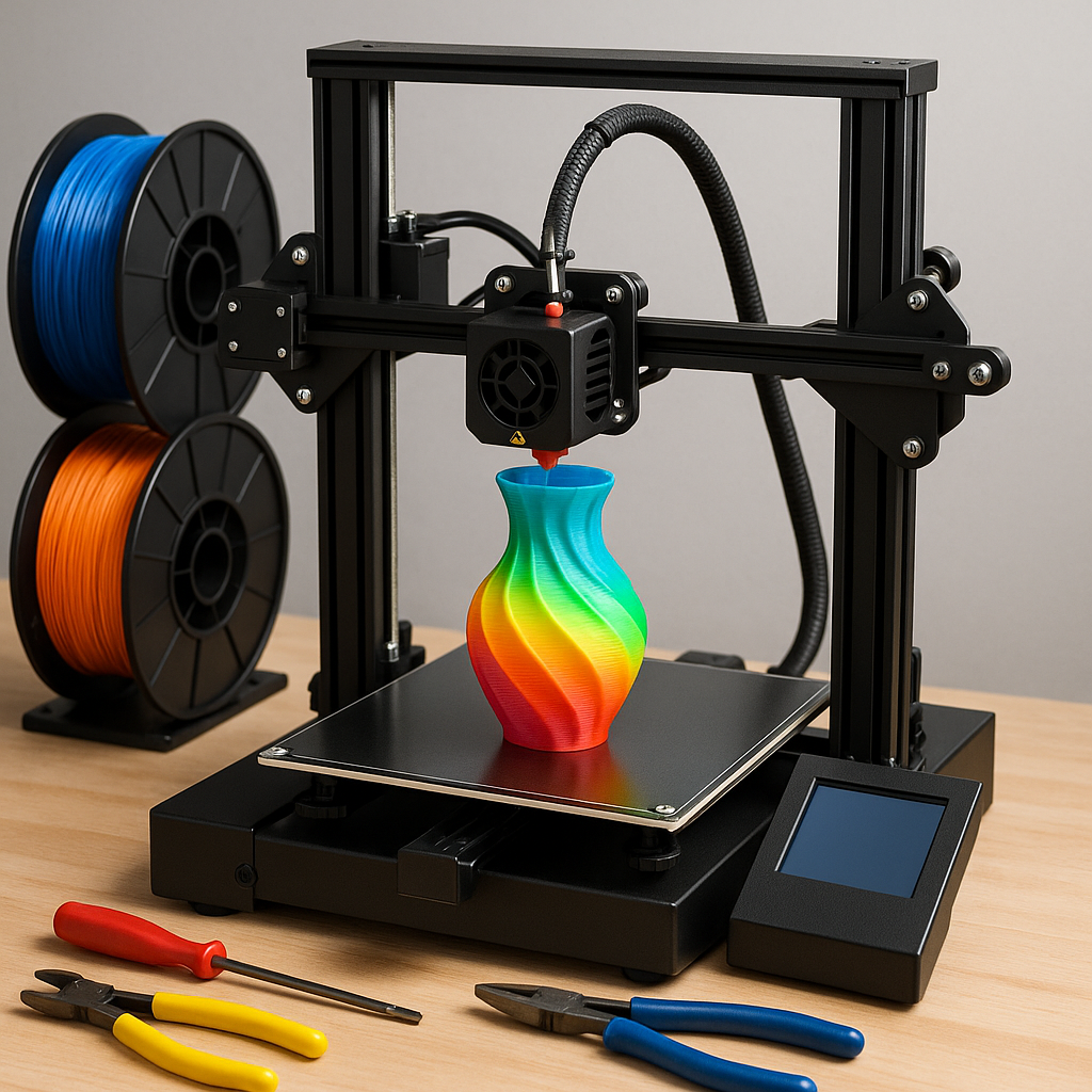 3D printer printing colorful prototype with filament spools and tools