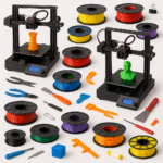 Collage of 3D printers, filaments, and 3D printing accessories